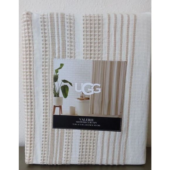 UGG Valerie Striped Fabric Shower Curtain 72 x 72 Inches 100% Cotton Snow/Linen - Picture 1 of 7
